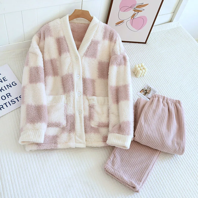 Large flannel thread V-neck cardigan pajama set for women's autumn and winter plush thickening and warm comfort cotton plush