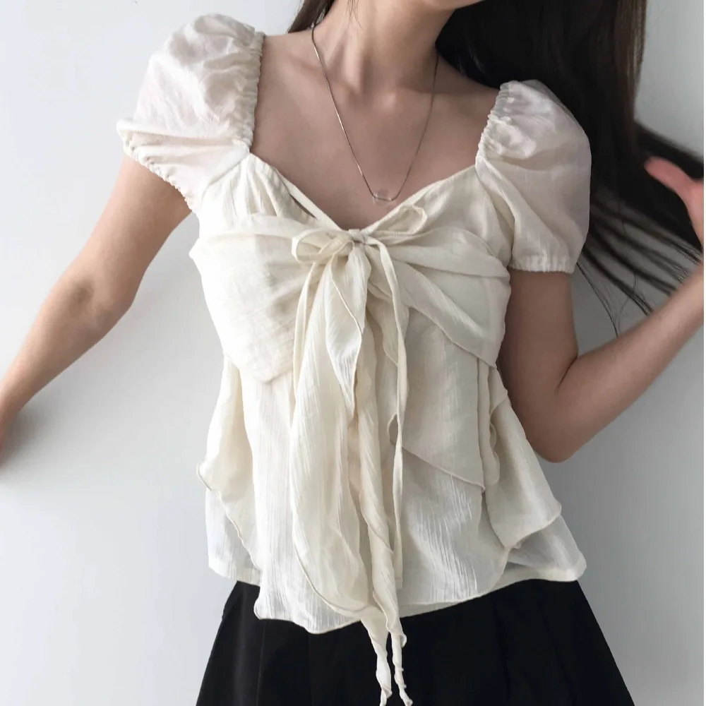 

Chic Summer Design Sense Women's Bubble Sleeve Shirt Tie Waist Square Collar Short Sleeve Floral Fashionable Top Trendy