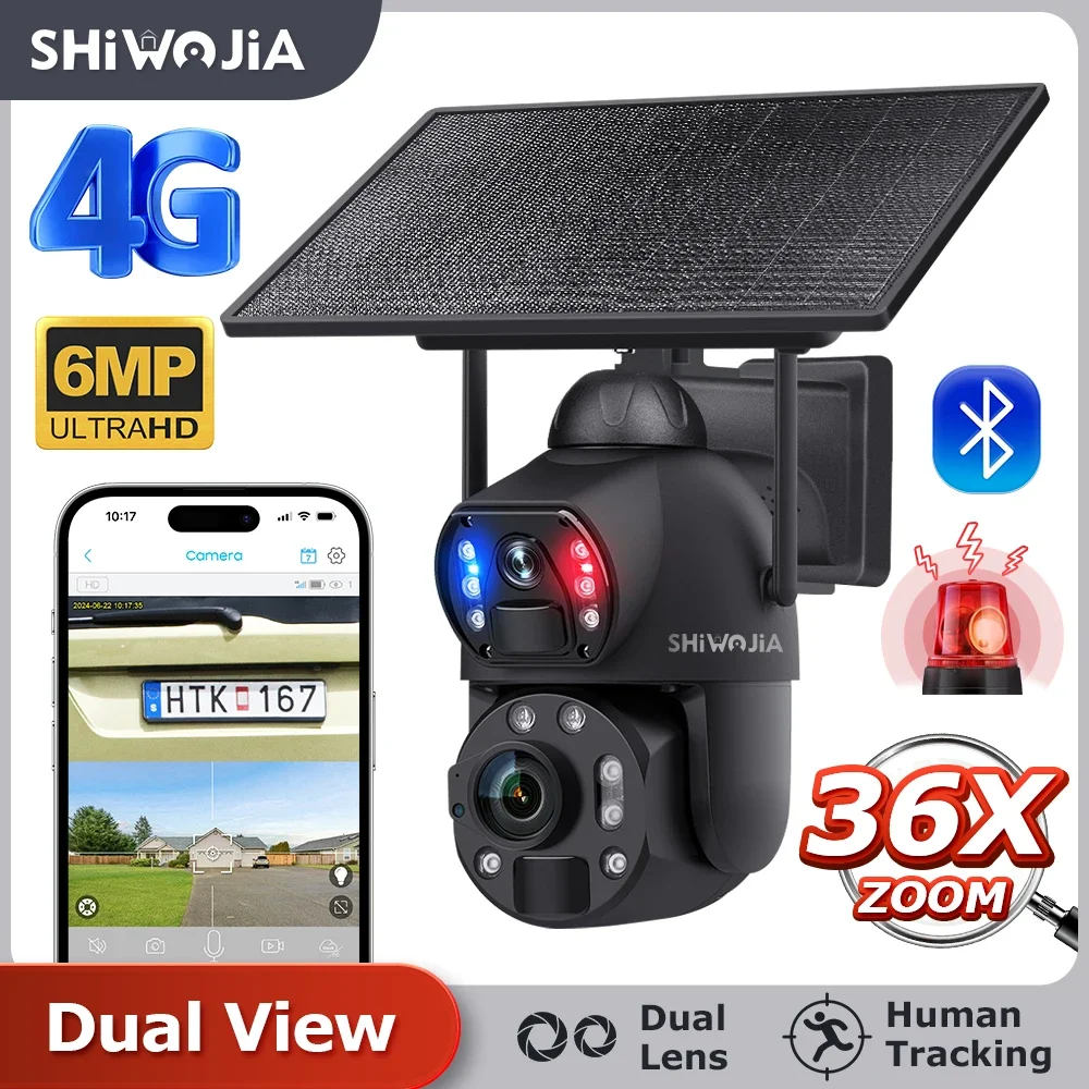 

SHIWOJIA 3K 6MP 36X Zoom Solar Camera 4G Sim/WIFI Dual Lens Dual PIR Detection Humanoid Auto Tracking Outdoor Security Camera