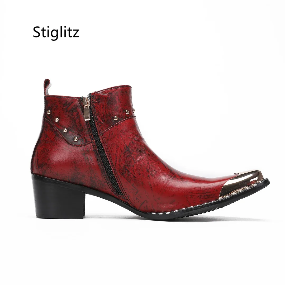 

Red High Heel Ankle Boots for Men Luxury Leather Boots Metal Iron Toe Rivets Fashion Men's Boots Formal Genuine Leather Shoes