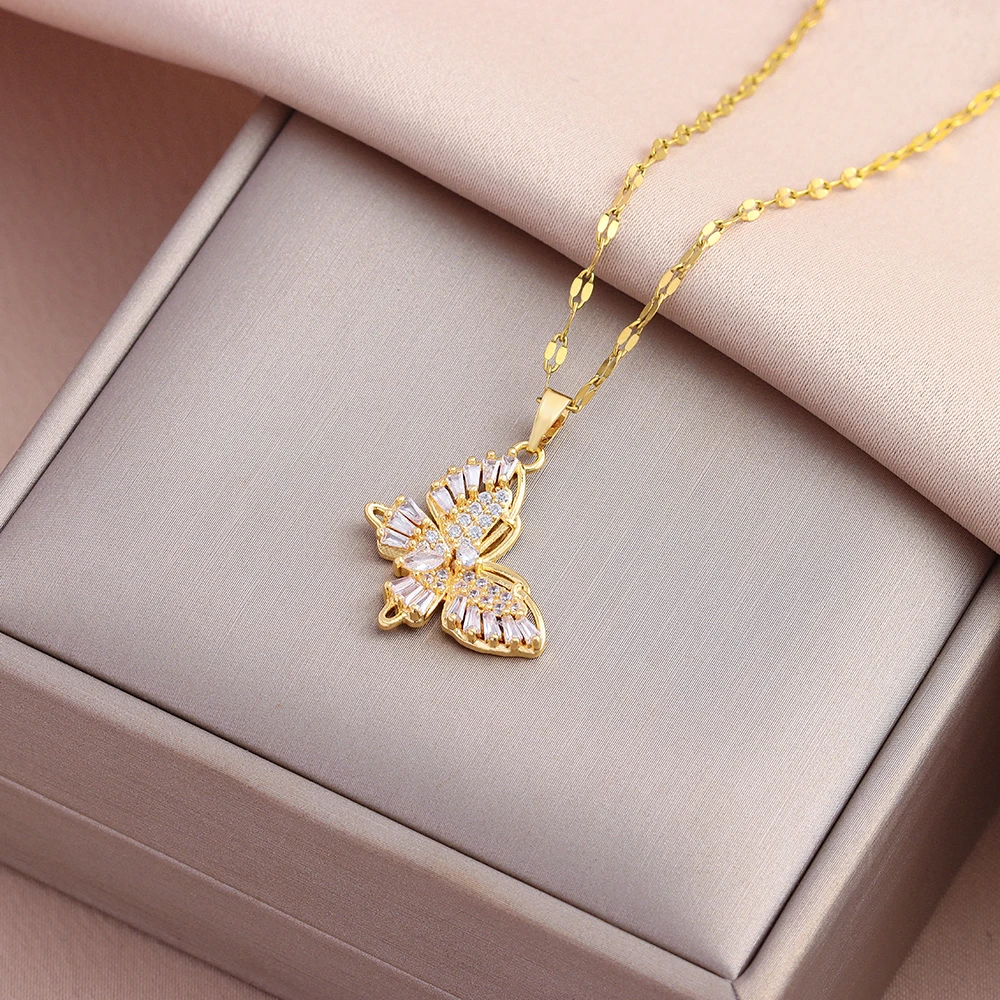 New Sweet Sexy Zircon Crystal Butterfly Pendant Necklaces For Women Female Stainless Steel Neck Chain Jewelry Ladies Accessories