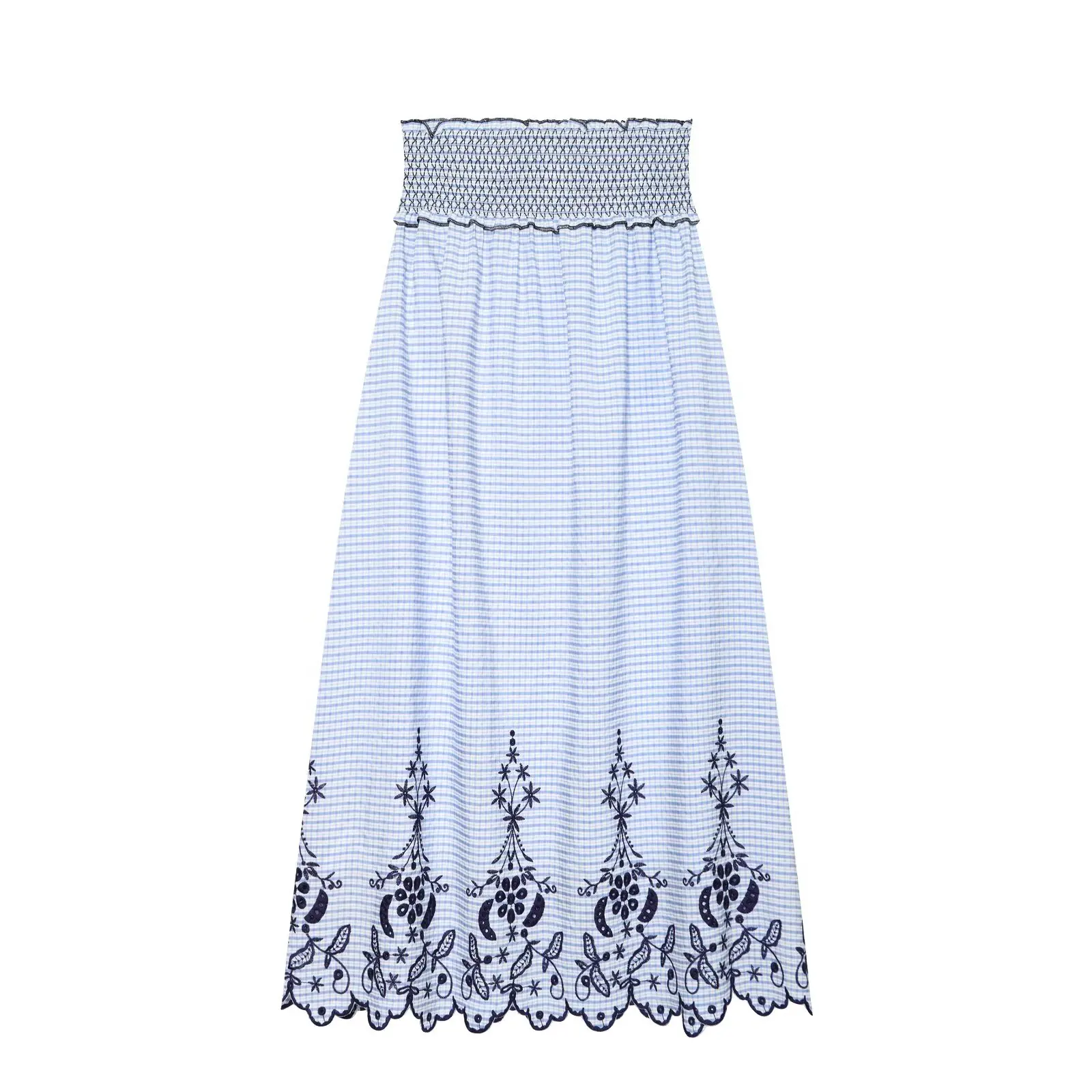 Women's Blue Plaid Elegant Skirts Spring Summer Female Chic Embroidered Long Skirt Lady Beach Vacation Fashion Casual Half Skirt