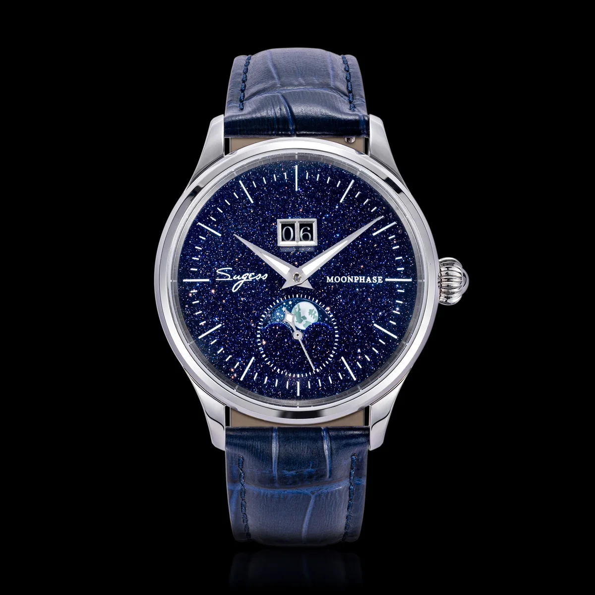 Sugess Moonphase Herrenuhr, 40 mm, automatische mechanische Armbanduhren, Origin ST2528, Uhrwerk, blaue Sandstein-Zifferblätter aus Edelstahl – Detail 16