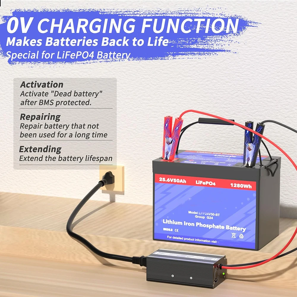 Lifepo4 리튬 충전기, 냉각 선풍기, 다중 보호 기능, 24V, 29.2V, 50A, 200V, 240V, 24V, 8S, Lifepo4 배터리