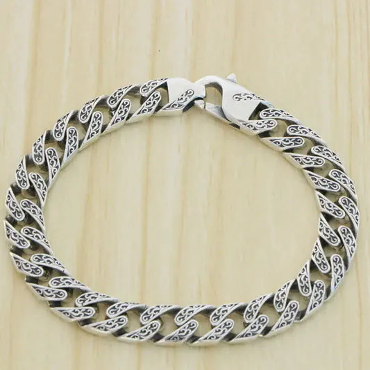 Chinese style men and women retro domineering Tang grass pattern pure silver bracelet Versatile jewelry, personalized vintage tr