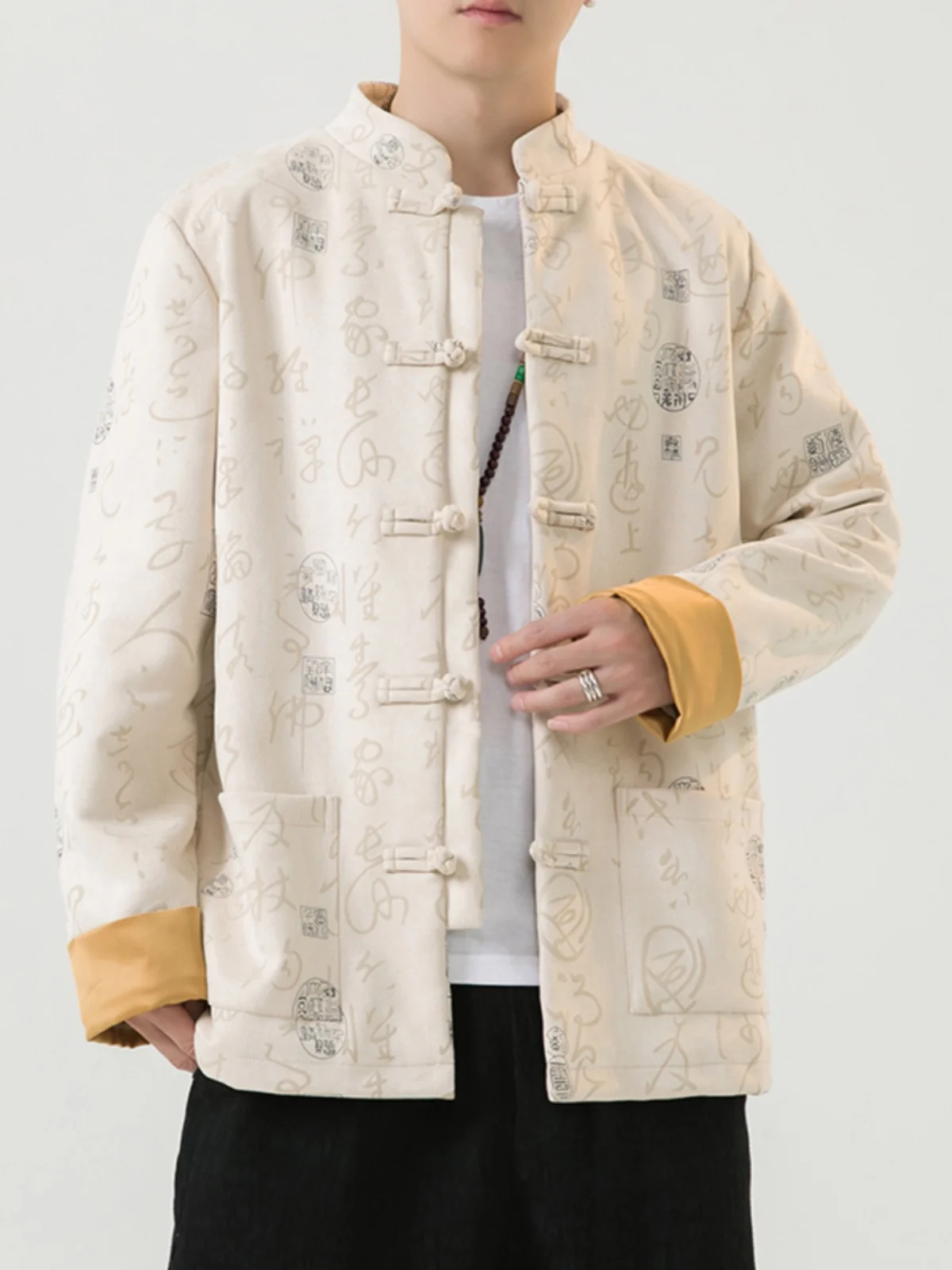 

Retro Chinese Collar Jaet Youthful Vintage Emed Monastic Sle Coat Long Sve Stand up Collar Button up Outerwear