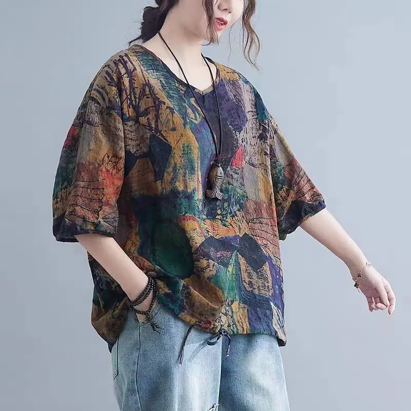 Cotton Linen V-Neck Loose Pullover T-Shirt Summer Clothing Vintage Tie Dye Printing Half Sleeve Lace Up Decoration Women's Top