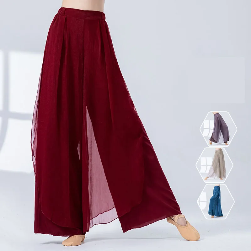 Classical Dance Dress Pants Women Double Layers Loose Trouser Practice Costume Spliced Shiny Chiffon Skirt Performance Dancewear
