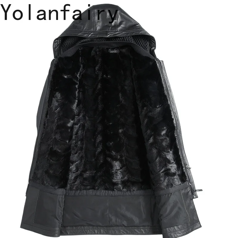 YOLANFAIRY Leather Jackets Men Genuine Goat Skin Men\'s Clothing Fashion Winter Long Mink Liner Fur Coats New Jaqueta Masculina