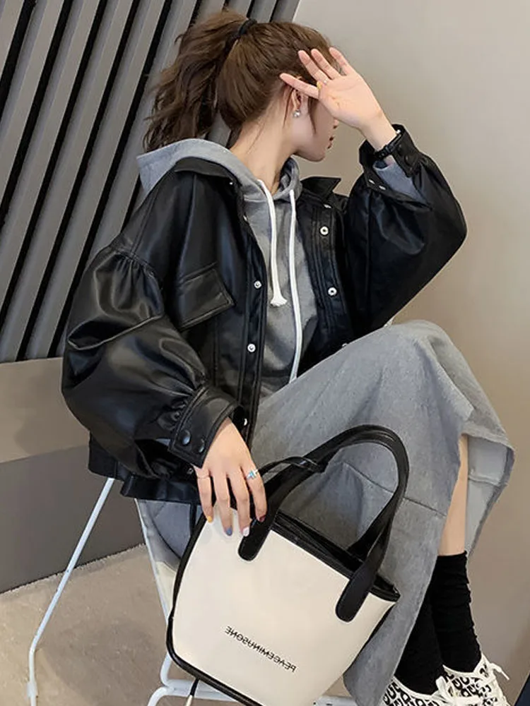 Summer Faux Leather Moto Jacket Women Korean Fashion Streetwear Loose Thin Biker Coat Female 2022 Autumn Outerwear Lady PU Tops