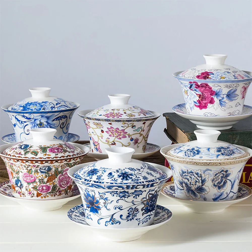 Porcelain Art Bird Tea Tureen, Large Capacity, Ceramic Gaiwan, Flower Tea Bowl with Saucer Lid Kit Master Teaset, Drinkware 350m