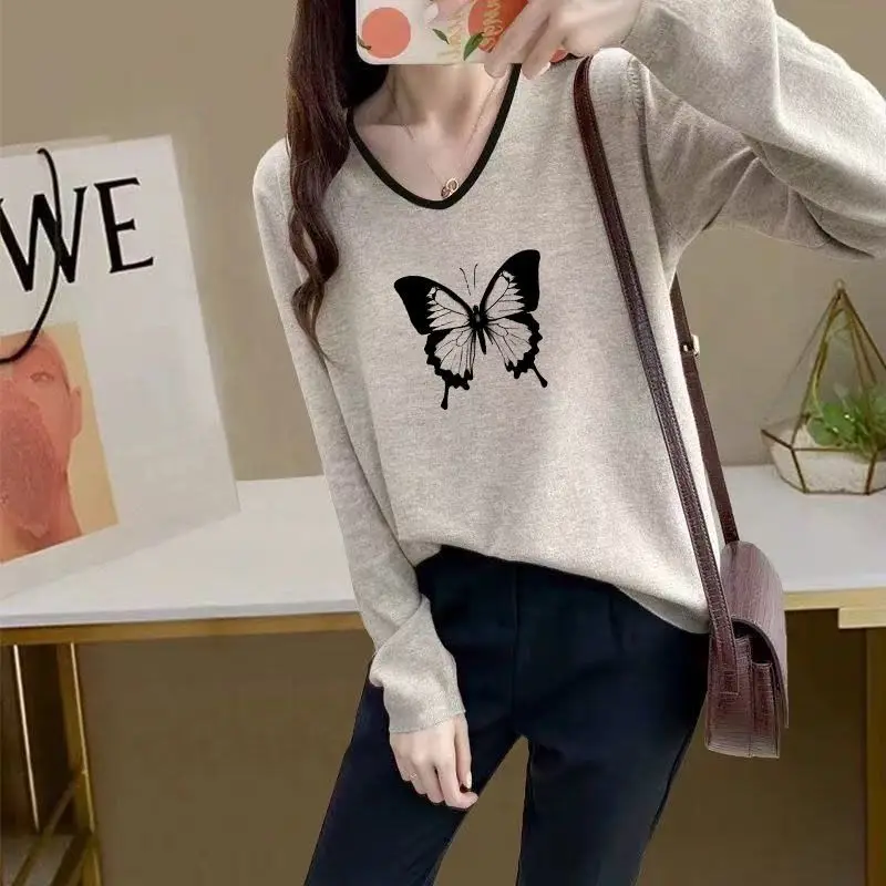 

Women's Clothing Pure Cotton Contrast Color V-neck Long-sleeved T-shirt for Women Spring Autumn Casual Retro Loose Printed Top