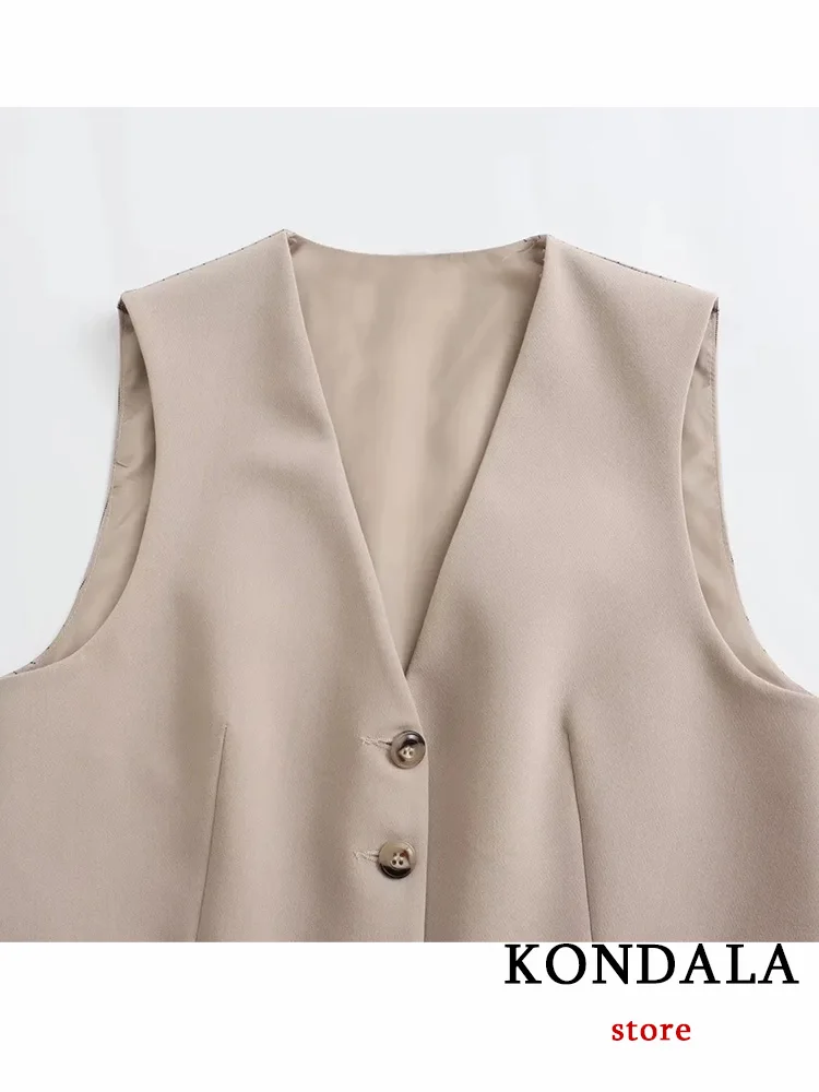 KONDALA Vintage Office Lady Women Suit V-Neck Single Breasted Vest Blazer+Solid Straight Loose Pants Fashion 2023 Autumn Sets