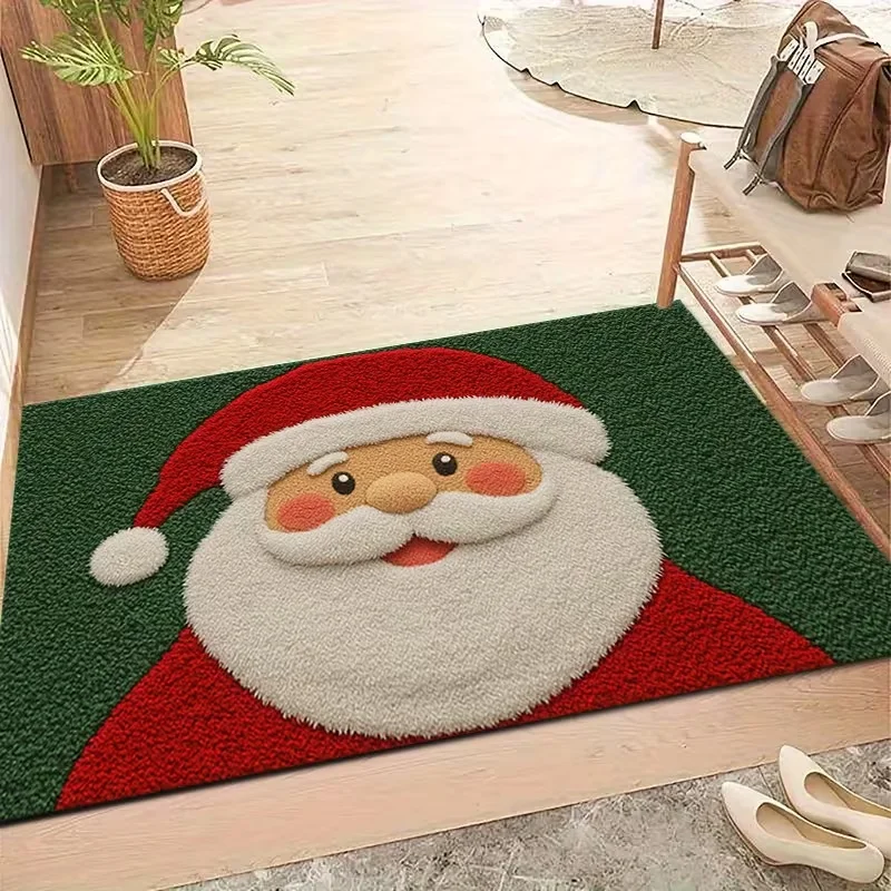 Cartoon Santa Face Christmas Doormat, Green Red Background Floor Rug, Front Door Xmas Home Decor