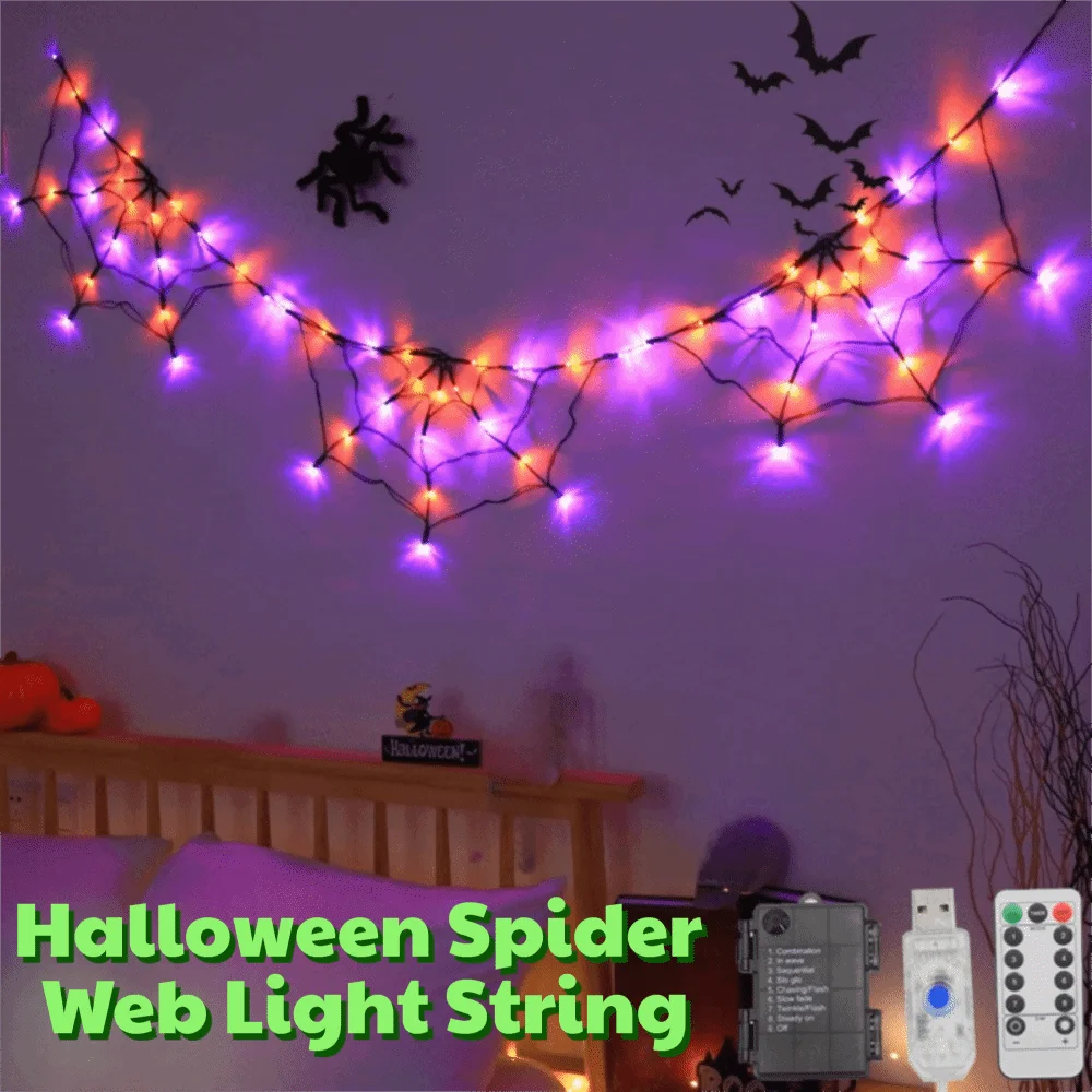 1.8 M Halloween Spider Web Lights String Remote Control High-brightness Halloween Party LED Light Waterproof Glowing