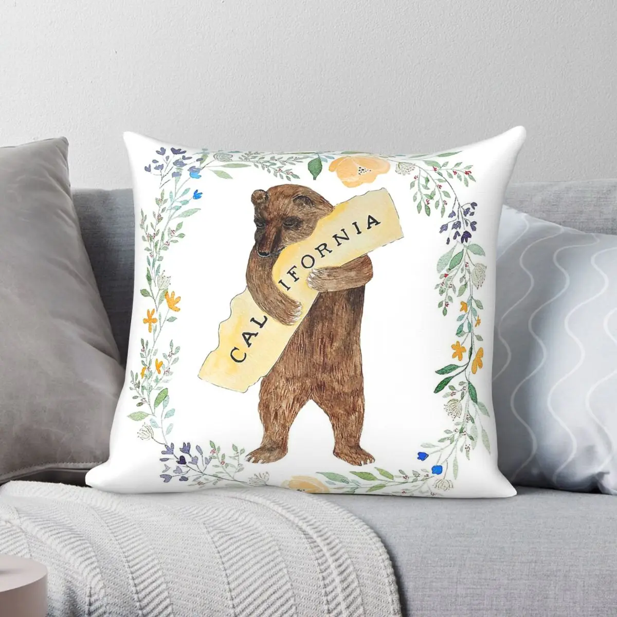 California Bear Hugs Floral Wreath Square Pillowcase Polyester Linen Velvet Creative Zip Decorative Pillow Case Home Cover 45x45