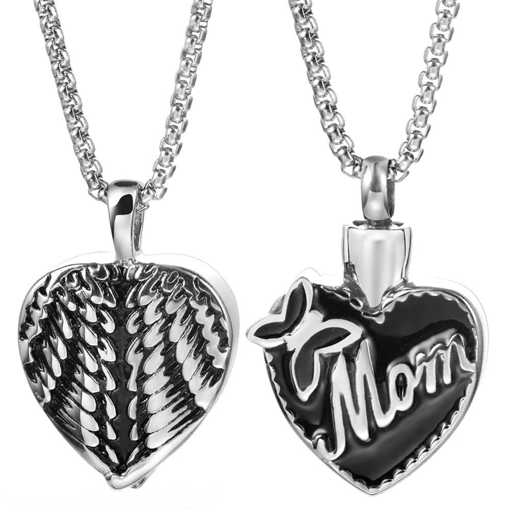 

New Angel Wings MOM Heart Womens Stainless Steel Urn Necklace Ashes Container Storage Locket Cremation Memorial Pendant Keepsake