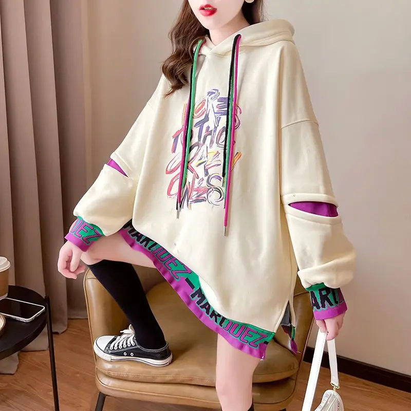 Autumn Winter Korean Loose Printing Hoodies Female All-match Patchwork Long Sleeve Thick T-Shirts Women Clothes Mid Length Top