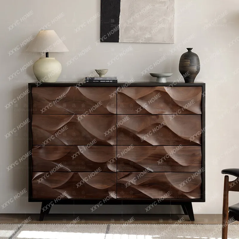 Solid wood eight-bucket cabinet wavy pattern personalized creative chest cabinet living room drawer cabinet