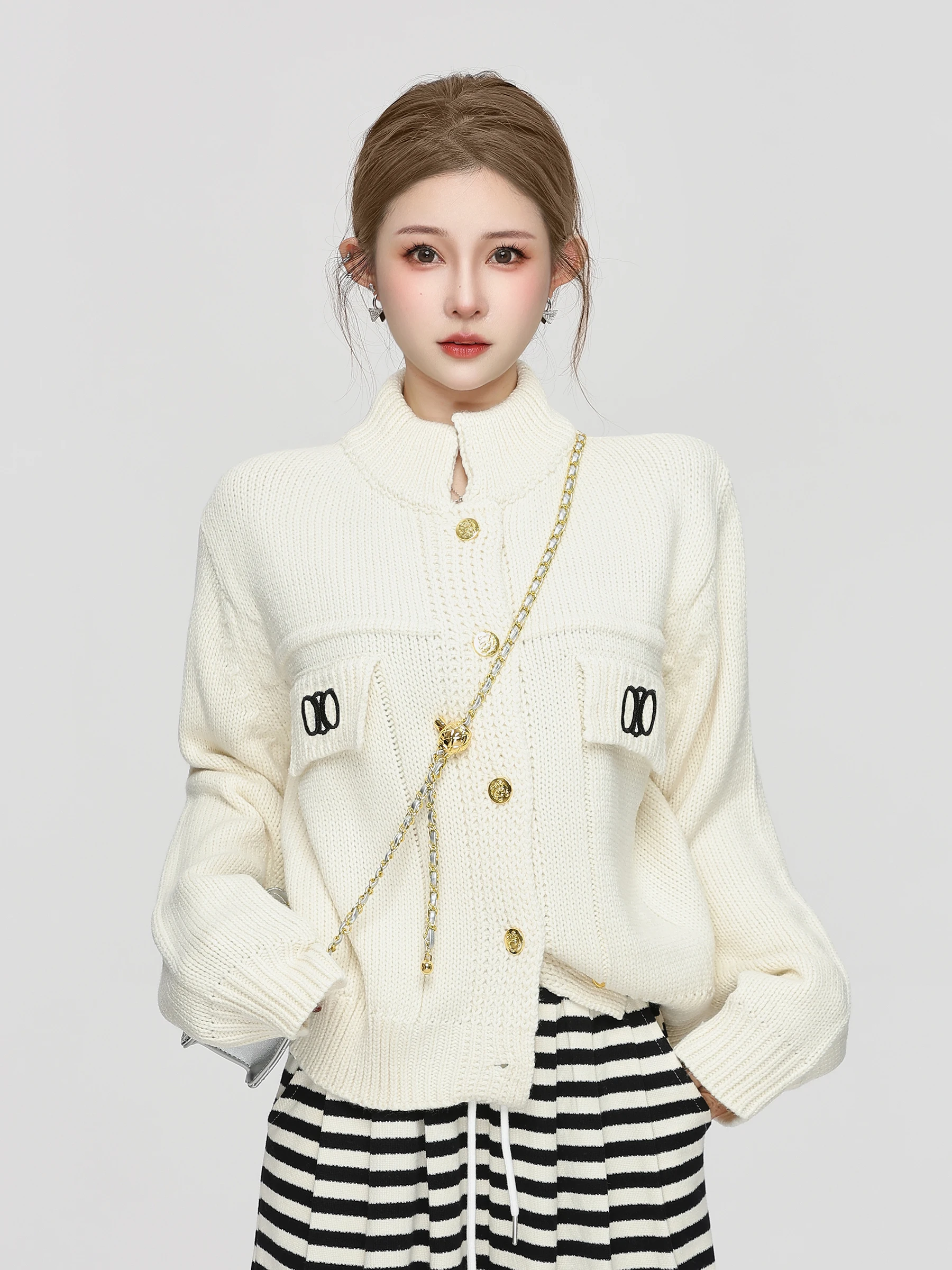 

Loose Long Sve Knitted Open Cardigan Women's Spring Autumn New Sle Embroidered Stand Collar Sweater Coat Casual Commute ...