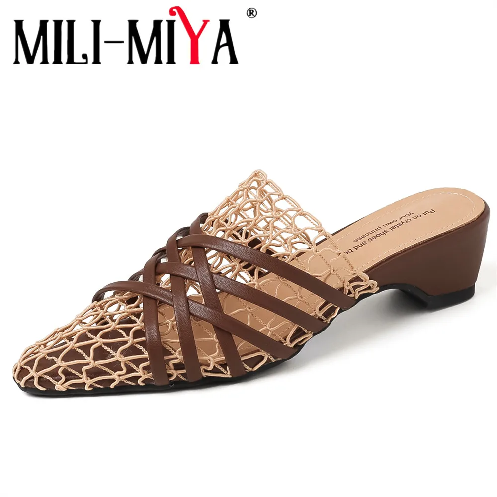 

MILI-MIYA Women's Cow Leather Openwork Woven Net Open-Back Sandals With Thick Heels And Slip-On Pointed Toe Handmade For Ladies