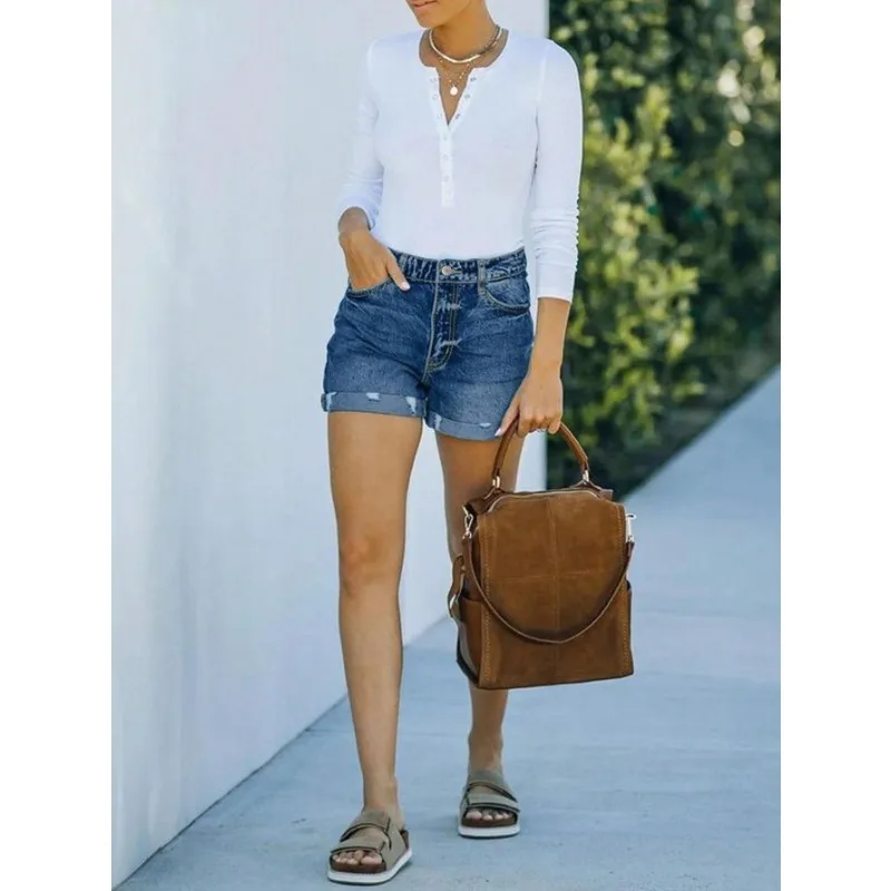  شورت جينز مستقيم متوسط الارتفاع 2025 - قطن غسيل داكن للمكتب والملابس الكاجوال #5