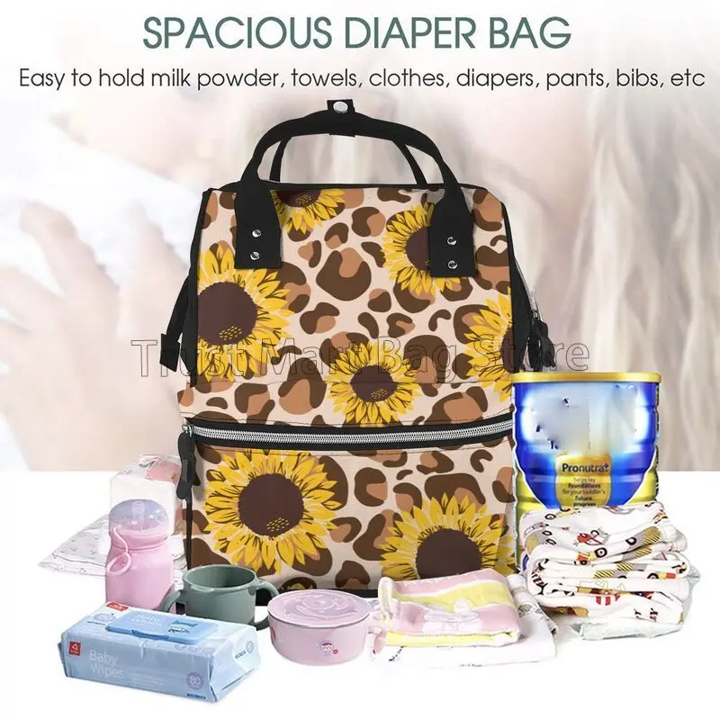 Leopard Sunflower Diaper Bag Backpack Multifunction Maternity Diaper Bag for Baby Girls & Boys Large Capacity Travel Nappy Bags