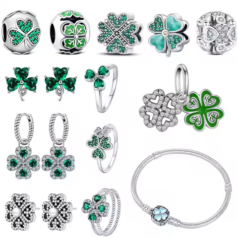 2025 St. Patrick's Day Charm Lucky Shamrocks Charm Fit Bracelet Diy Fashion Clover Jewelry set Love S925 sterling silver Ring