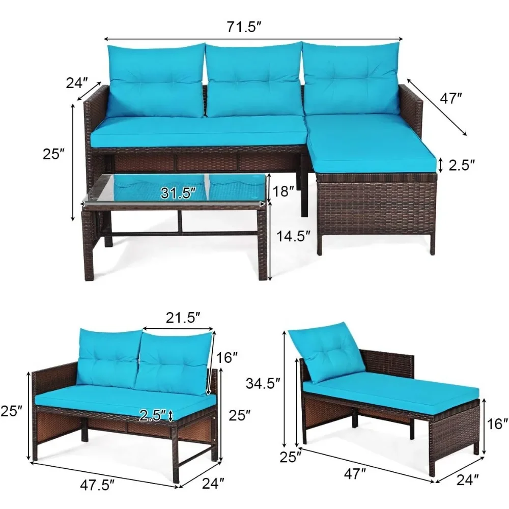 Zestaw narożnych sof Patio 3-częściowy, zestaw sof rattanowych do użytku na zewnątrz, zawiera szezlong, dwuosobowy i stolik kawowy