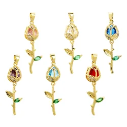 2 PCs Rose Brass 8K Gold Plated Tulip Flower Micro Pave Clear Cubic Zirconia Pendants Exquisite Jewelry Findings 3.8cm x 1.2cm