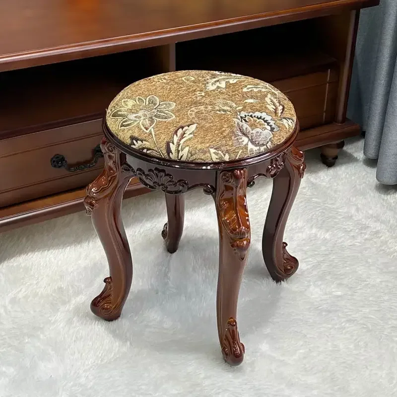 

European Walnut Color Vintage Durable Home Stool High Stools Makeup Dressing Ottomans Living Room Dining Table Stool Furniture