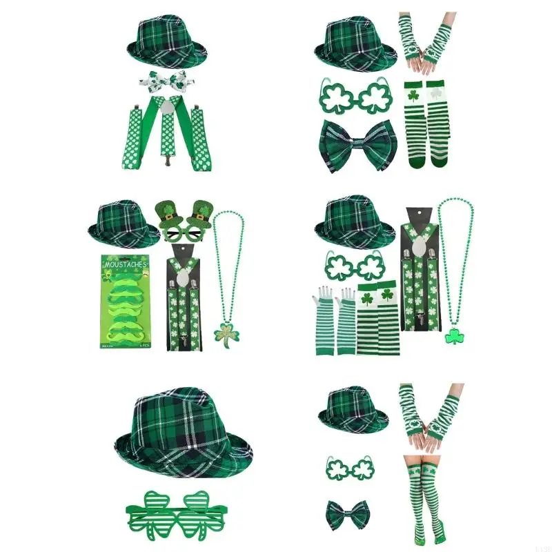 

Patrick's Day Outfits Accessory Irish Festival Clothing with Hat Necklace Beards Bowtie Eyeglasses Arm Sleeves Stockings