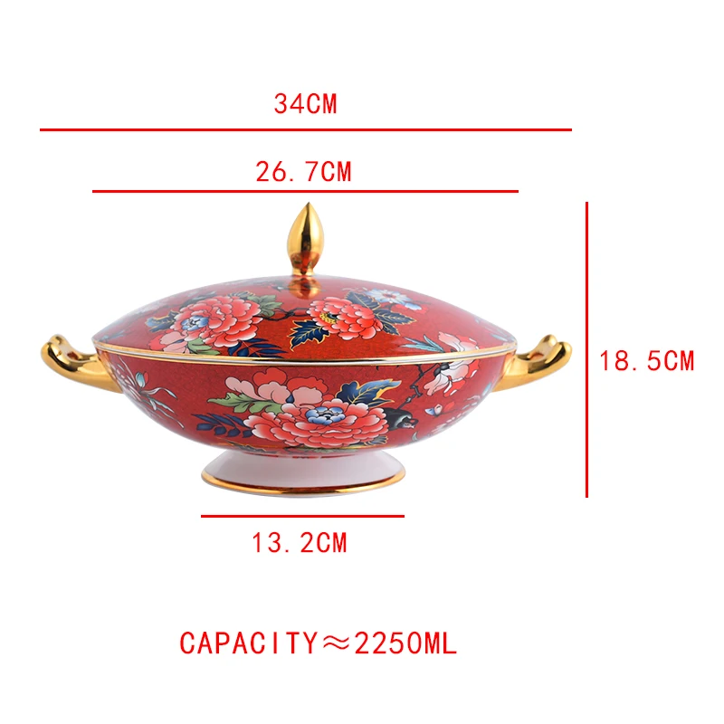 Fine Bone China Double Ear Soup Bowl Ceramic Surface Bowl 13.5-Inch Large Soup Basin with Lid Pot High Quality Luxury Bowl