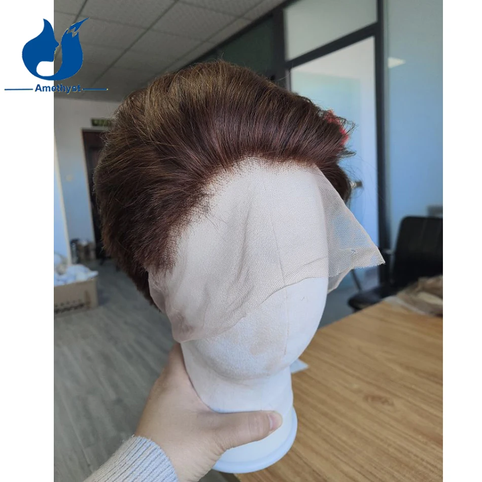Amethyst Brown Straight Men's Boy Cut Wig Shaved Remy Human Hair Short Pixie Cut Bob Full Lace Wig Pre Plucked Bleached for Male