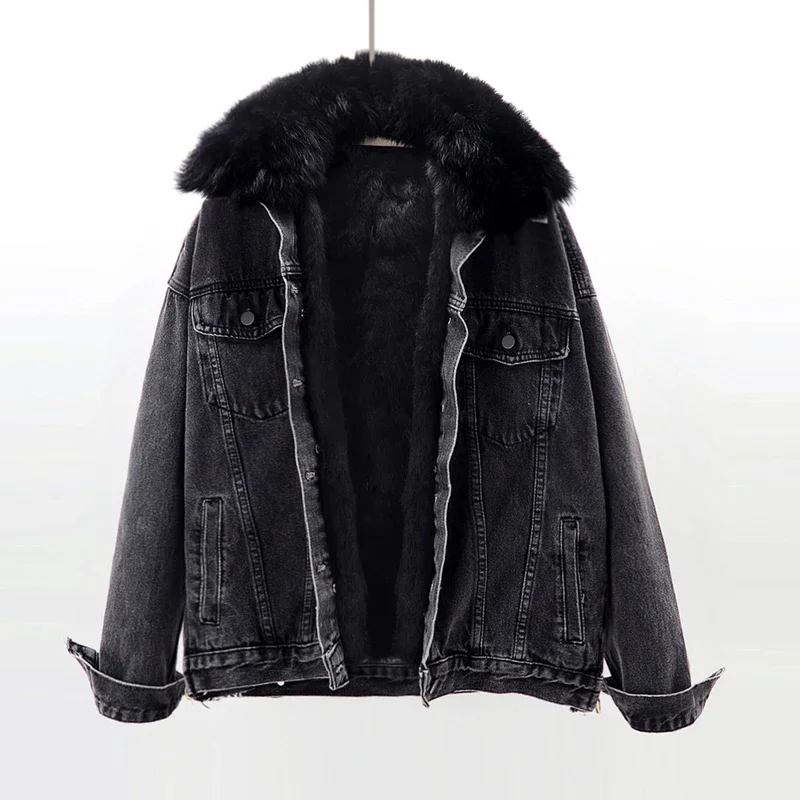 Winter Warm Denim Jacket Women Fox Fur Collar + Removable Rabbit Fur Liner Jeans Jacket Coat Loose Outwear Female Chaqueta Mujer