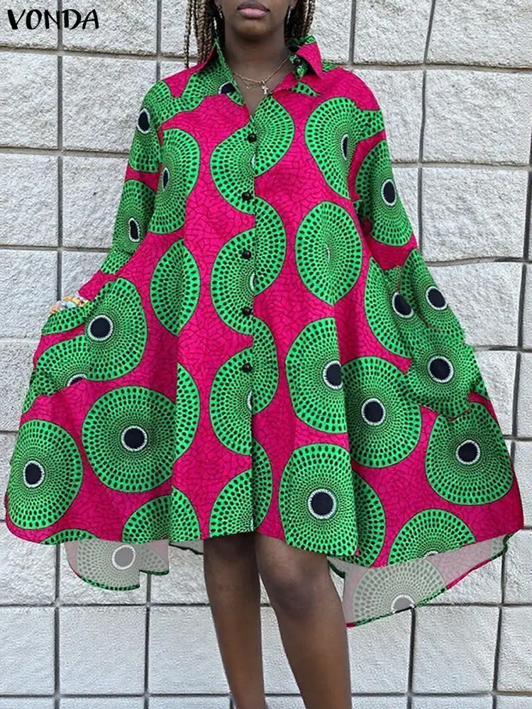 

Plus Size VONDA Bohemian Printed Dress Vintage Women Asymmetrical Sundress Fashion Lapel Neck Vestidos Casual Long Sleeve Robe