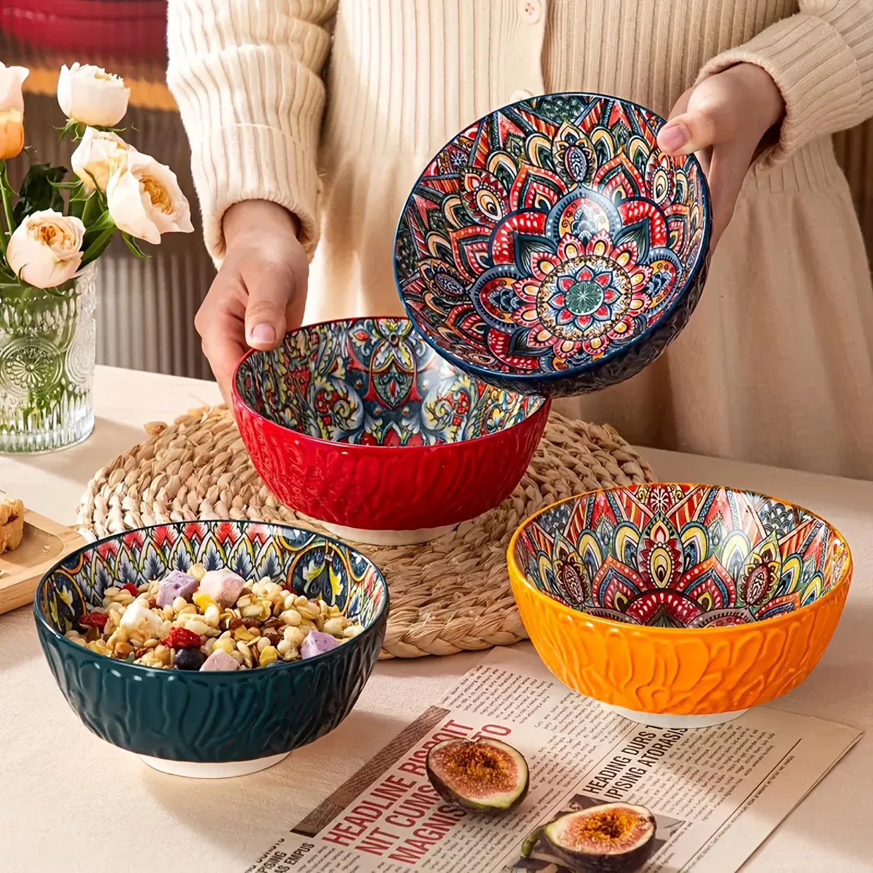 

Set of Four Vintage-Style Ceramic Bowls with a Floral Design, Featuring Wavy Edges And Measuring 6.5 Inches, Perfect for Serving Pasta, Oatmeal, Soup, Noodles, And Cereal, Ideal for Festive Occasions
