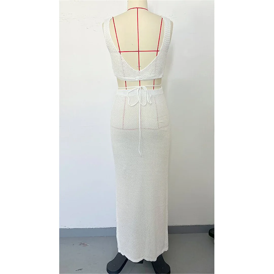 Sexy, hochgeschlitztes, ärmelloses, gehäkeltes, gestricktes Strandkleid, Strandtuch, Strandkleid, zweiteiliges Set, Strandmode V6124 – Detail 19