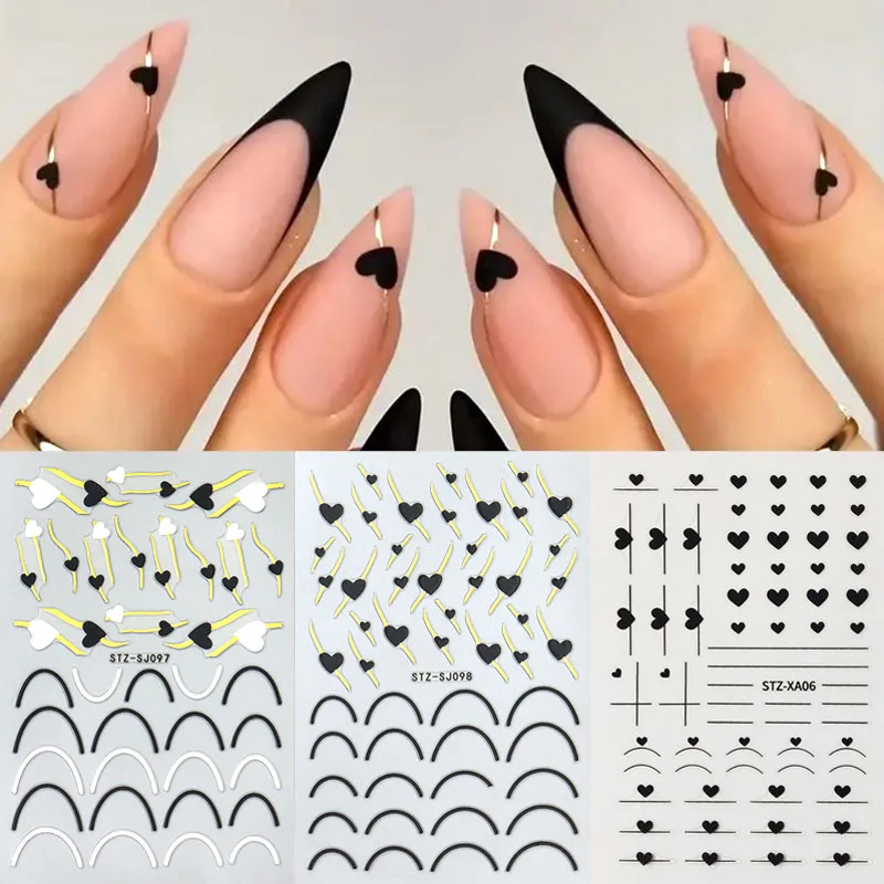 3D Golden Line Heart French Nail Stickers Elegant Black White Love Heart Nail Art Decals Valentine Nail Design Accessories