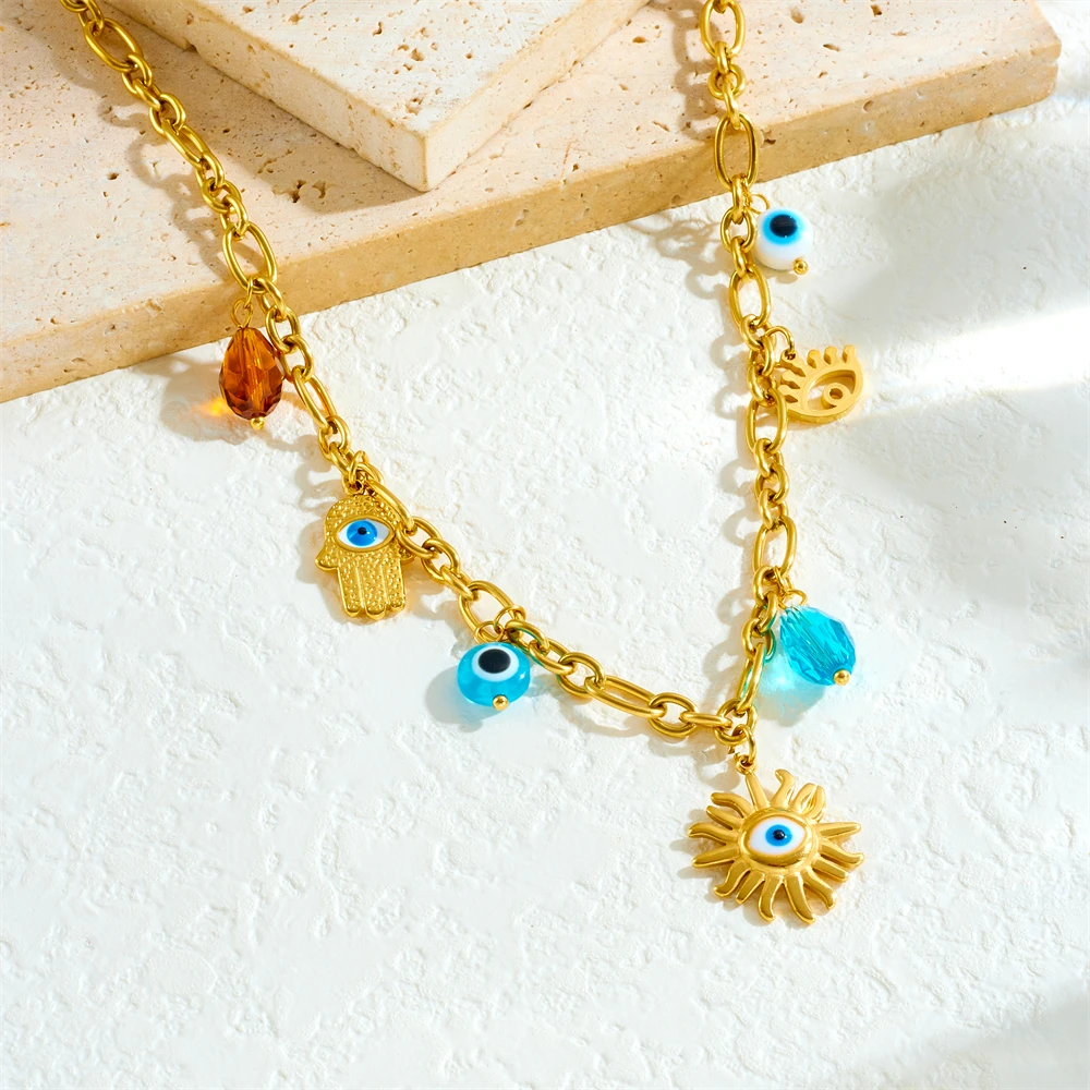 DIEYURO 316L Naszyjnik ze stali nierdzewnej Palm Blue Rhinestone Devil's Eye Sun Naszyjnik dla kobiet Nowa moda Łańcuch na szyję Biżuteria Prezent