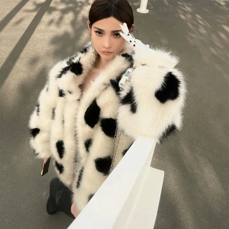 

Heart Print Faux Fur Jacket Women Korean Elegant Loose Winter Coat Long Sleeve Thick Warm Fluffy Casual Harajuku Y2K Outwear