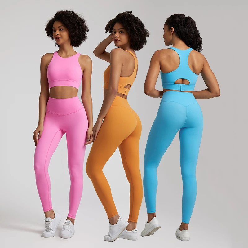 

Naked Feel High Stretch Yoga Set Workout Clothes Fitness Women Tracksuit Adjustable Hook Tank Bra Gym Leggings 2pcs Sports Suits