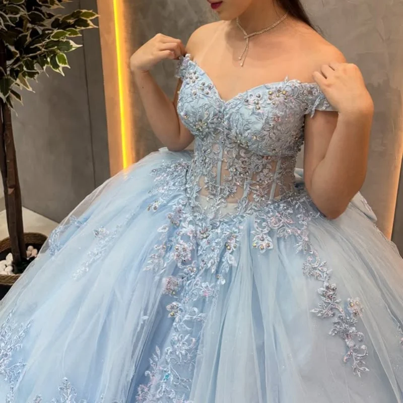 

aqua blue Quinceanera Dress Lace layering crystal decal 3D flower Long tail vestidos de 15 Quinceanera ﻿Customized