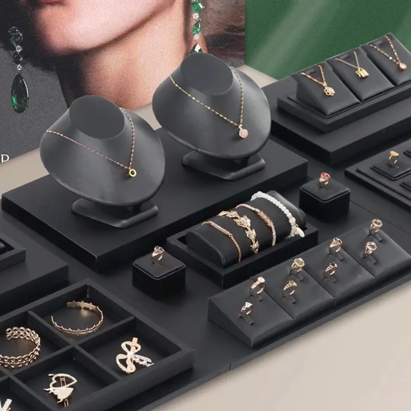 High Grade Black Leather Watch Display Rack Bracelet Earrings Display Plate Pearl Jade Rack Counter Jewelry Exhibition Props