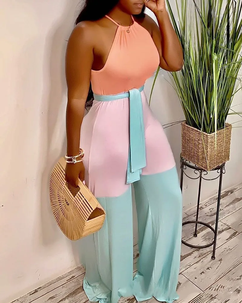 VANHAO Summer New Women Fashion Contrast Color Bandage Long Jumpsuit Ladies Sexy Halter Skinny Romper Wholesale Dropshipping