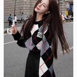 Vintage British Style Argyle Gray Sweater for Girls Preppy Student Loose Knitted Pullover Warm Winter Clothes Korean Fashion Top