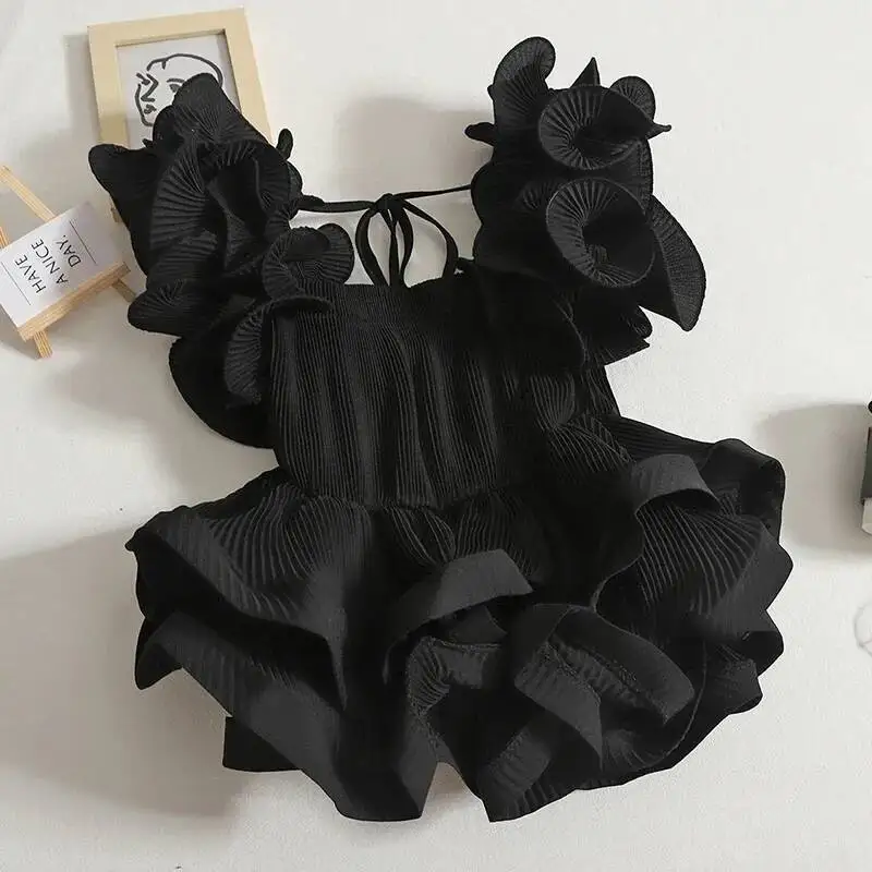 BabYoung Design Senseเสื้อFemme RuffledจีบBlousa 2025 ฤดูร้อนใหม่สีทึบสแควร์คอปิดไหล่แนวโน้มเสื้อ