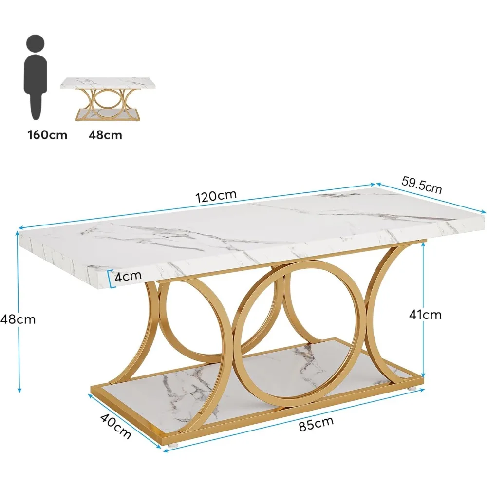 طاولة قهوة مستطيلة حديثة مقاس 46.45 بوصة لغرفة المعيشة - تصميم من خشب الرخام الصناعي بطبقتين مع لمسات هندسية