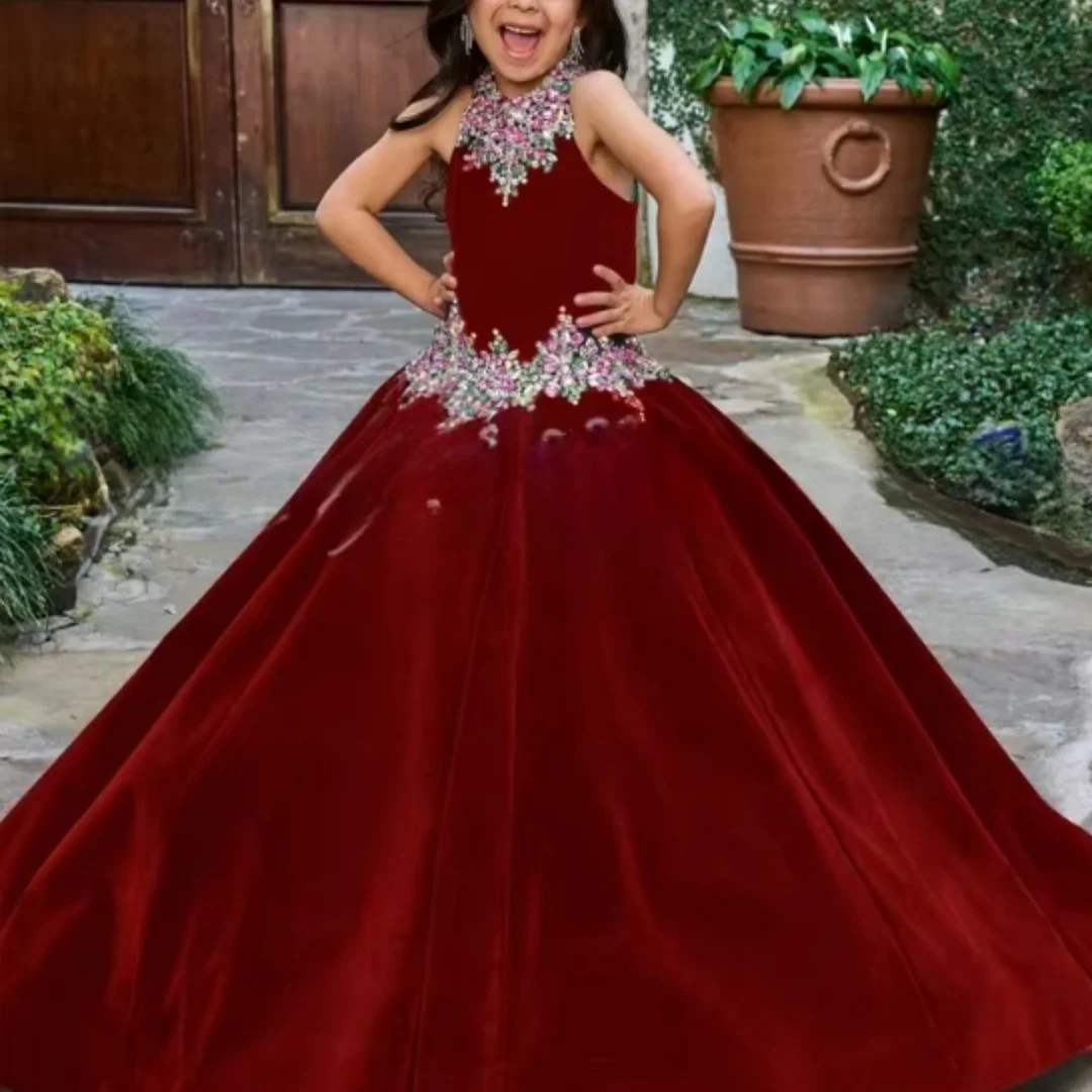 Customized elegance Green velvet ball gown Flower Girl Dress for Wedding Ceremonies Holiday Celebrations Dance Performances Birt