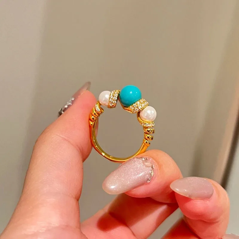 

Vintage winding rotating pearl turquoise rings for women diamond inlay light luxury retro fashion ring couple jewelry gift